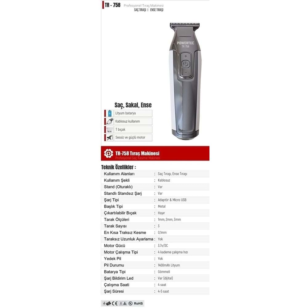 Powertec TR-758 Profesyonel Saç Sakal Kesme Makinesi